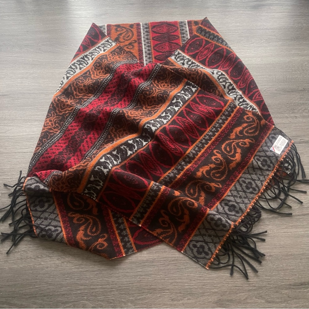 Burgundy/Orange/Grey Tribal Print Fringe Scarf Autumn Cozy